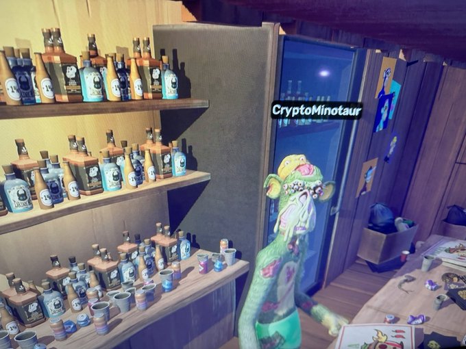 A green reptilian character stands inside a shop lined with shelves of decorative bottles and ceramic mugs, with a neon sign reading "CryptoMinotaur" visible through the doorway.