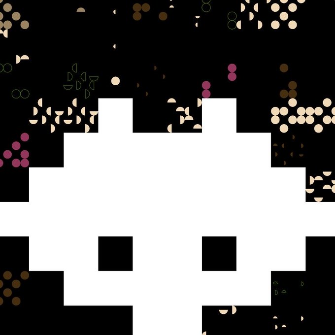 A white pixelated alien-like sprite on a black background decorated with colorful circles and dot patterns.