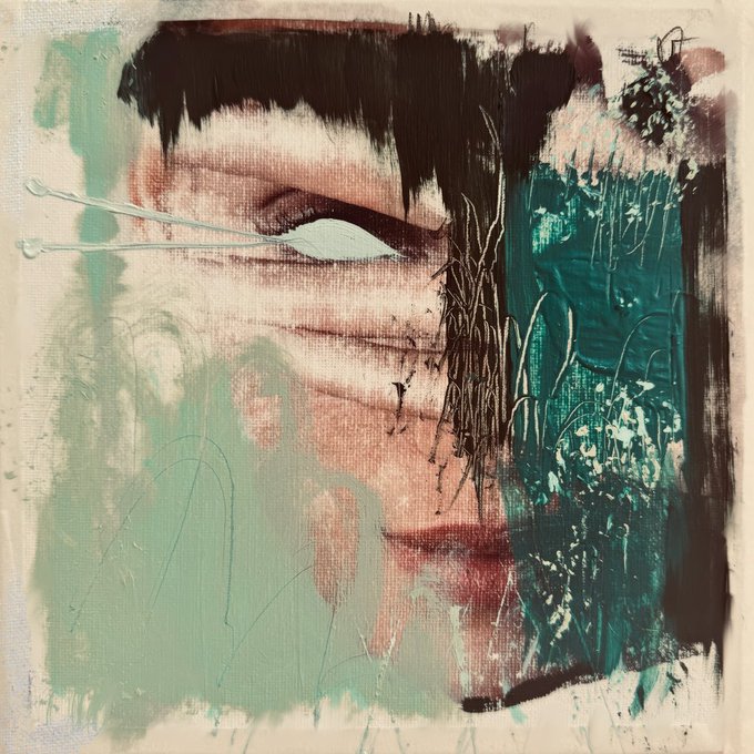 An abstract mixed-media painting featuring a stylized portrait of a face with dark hair, accented by teal/green colors and dripping paint textures.