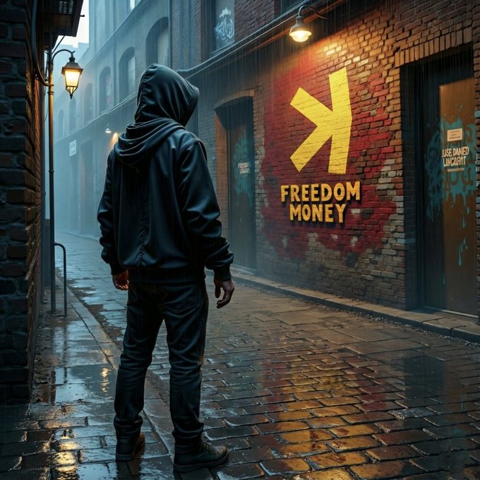 The image features a person standing alone on a wet brick road, wearing a hooded sweatshirt and jeans. The street appears to be deserted with no other people or objects visible. In the background, there's a sign that says "FREEDOM MONEY", which could potentially be related to Bitcoin or another cryptocurrency. The image also contains text about the future of money and the era of outdated technologies like Bitcoin and Ethereum.