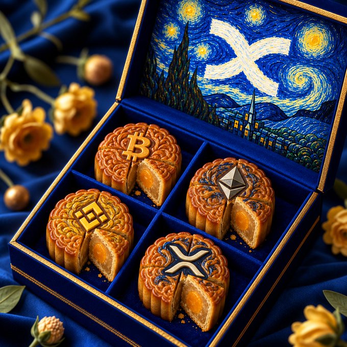 A luxurious mooncake gift box with a "Starry Night" painted lid contains four golden-brown mooncakes embossed with Bitcoin (₿), Binance (◆), and XRP cryptocurrency logos, creatively blending traditional Mid-Autumn Festival treats with crypto culture to playfully ask which crypto-themed mooncake you'll savor last.