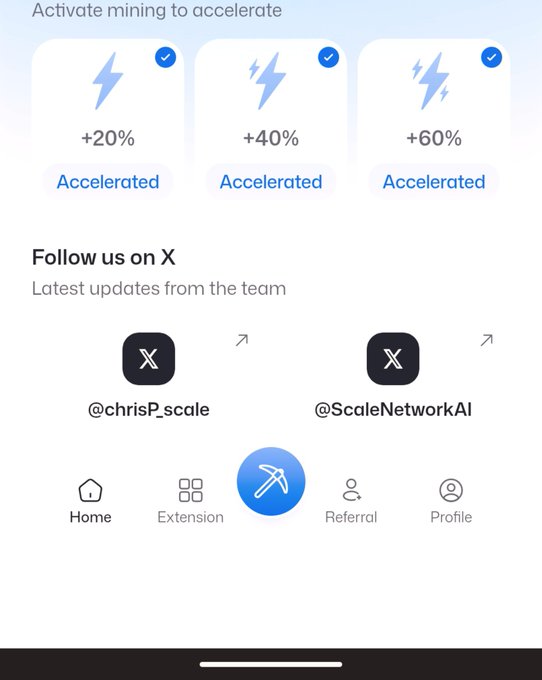 A mobile app screen showing mining acceleration options at '+20%', '+40%', and '+60% Accelerated' with a 'Follow us on X' section for @chrisP_scale and @ScaleNetworkAI.