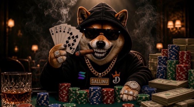 An AI-generated image of an anthropomorphic Shiba Inu dog wearing sunglasses, a gold chain, and a black hoodie, holding playing cards (including the Ace, King, Queen, and Jack of Spades) and sitting at a poker table covered in chips, cash, and a glass of whiskey.