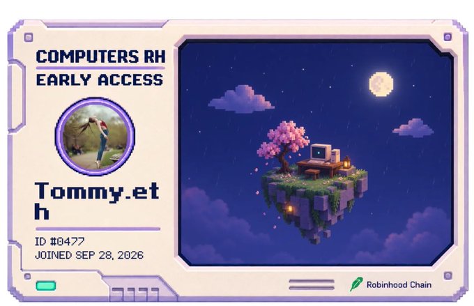 Pixel-art ID card labeled 'COMPUTERS RH EARLY ACCESS' for user 'Tommy.eth' (ID #0477, joined Sep 28, 2026) featuring a cherry blossom tree scene and 'Robinhood Chain' branding.