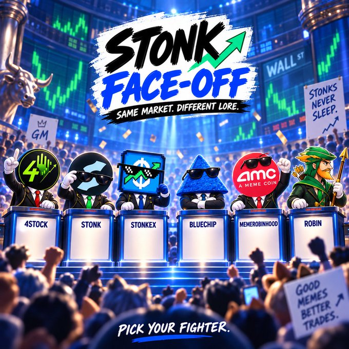 The image is a promotional poster titled "STONK FACE-OFF" with the tagline "Same Market. Different Lore" and "Pick your fighter," featuring six mascot characters behind podiums labeled "4STOCK," "STONK," "STONKEX," "BLUECHIP," "MEMEROBINHOOD," and "ROBIN," set against a stock chart backdrop with signs reading "GM" and "STONKS NEVER SLEEP." It ties to the post by visually rallying different meme stock/trading communities to declare which one has the loudest voice in the Stonk CT.