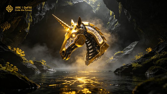 A golden robotic unicorn head emerges from a misty cavern, its mechanical features gleaming above a reflective pool of water, with the text "ARK | DeFAI - Code the Future" displayed in the upper left corner. The mythical-mechanical creature symbolizes the groundbreaking fusion of AI innovation and digital craftsmanship that ARK promotes, representing how visionary ideas—like a unicorn made of circuitry—become tangible through tools like the Arkie AI App.