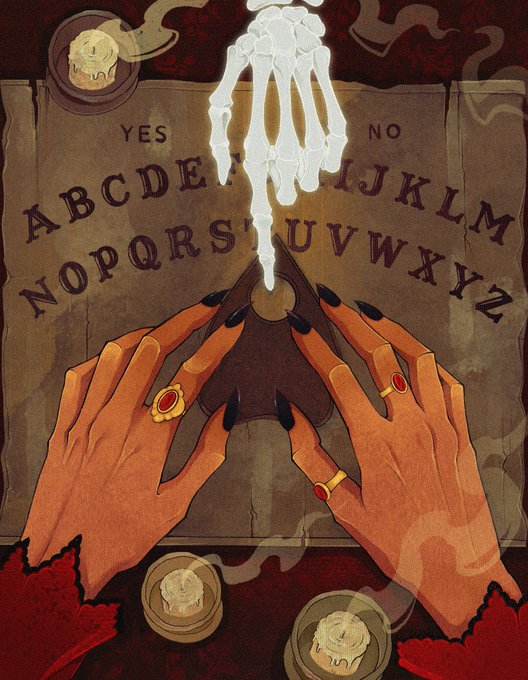 An illustration of two hands with black nail polish and red gemstone rings hovering over a wooden Ouija board with alphabet letters, as a ghostly skeletal hand rises from the planchette.