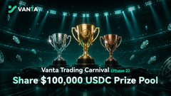 A banner for Vanta Trading Carnival featuring three trophies and text reading 'Share $100,000 USDC Prize Pool.'