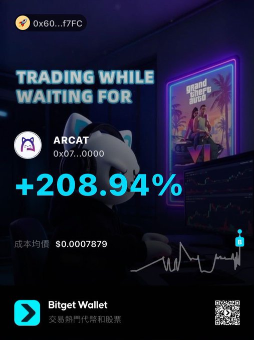 Bitget Wallet promotional graphic showing ARCAT token at +208.94% gain with a cost average of $0.0007879.
