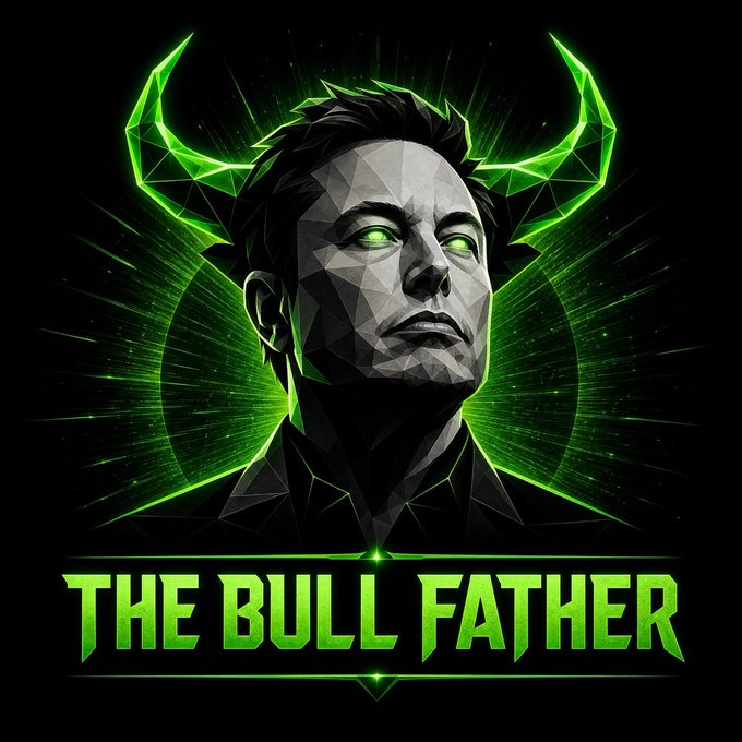 A stylized digital illustration features a man with a low-poly, geometric face and glowing green eyes, framed by large neon green bull horns and radiating green light effects, with the text "THE BULL FATHER" displayed prominently below. The image serves as bold branding for the stealth-launched $ELON memecoin, visually reinforcing the "Bull Father" nickname and Elon Musk's connection to crypto culture.