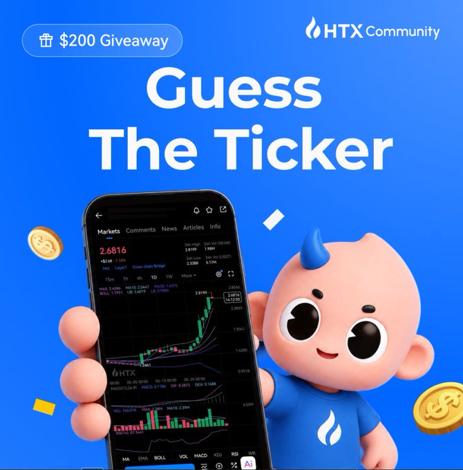 The image features an animation of a cartoon child holding a cell phone displaying a stock chart that shows a line graph with two intersecting peaks, one at 4 PM and another at 9 AM. The child appears excited about making a guess based on this visual information. Below the cell phone image, there is text reading "Guess The Ticker", indicating that it's an AI-based challenge related to stock charts or market trends. A reward system has been set up, with 10 winners receiving $200.