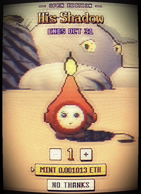 The image shows a digital collectible minting screen titled "His Shadow - Open Edition, Ends Oct 31," featuring a pixelated artwork of a hooded figure with a large shadowed face looming above, priced at "MINT 0.001013 ETH" with options to adjust quantity and a "NO THANKS" button below.