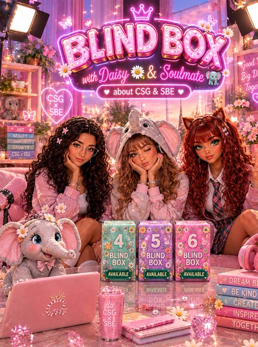 Vibrant promotional graphic for 'BLIND BOX with Daisy & Soulmate about CSG & SBE' featuring three stylized female characters in a pink aesthetic setting with available blind boxes labeled 4, 5, and 6.