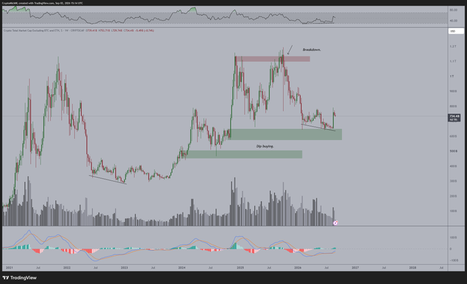 A TradingView chart for Total Market Cap Excluding BTC showing price action with technical analysis annotations including 'Breakdown' and 'Dip buying' zones, displaying a downward trend.