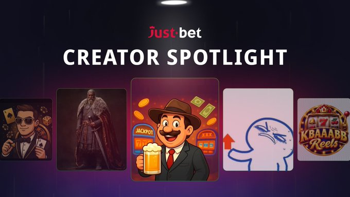 A promotional banner reading 'just bet CREATOR SPOTLIGHT' showing thumbnails of various slot and casino game characters including 'KBAAAB Reels' and a cartoon man holding a beer.