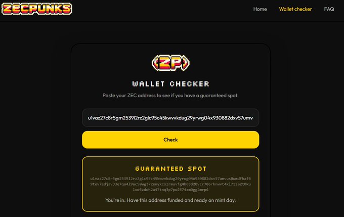 A ZECPunks website interface showing a Wallet Checker tool with a ZEC address pasted, displaying 'GUARANTEED SPOT' confirmation that the address is funded.