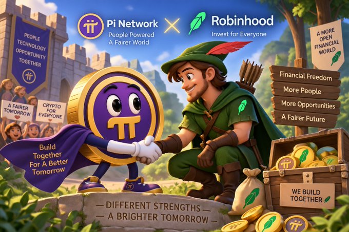 A cartoon illustration features a Pi Network coin character shaking hands with a Robinhood archer character, with banners reading 'People Technology Opportunity Together' and text stating 'Different Strengths — A Brighter Tomorrow'.