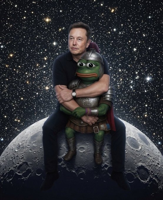 A digital artwork depicting Elon Musk in a black shirt sitting on the moon while hugging a Pepe the Frog character dressed as a Roman gladiator against a starry space background.