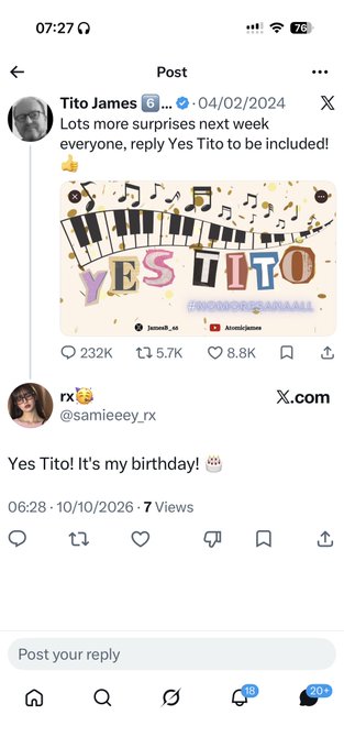 A birthday surprise is being given to @samieeey_rx who replied "Yes Tito! It's my birthday!" with a cake emoji to Tito James's post on X.com asking followers to reply "Yes Tito" for upcoming surprises, dated 10/10/2026.