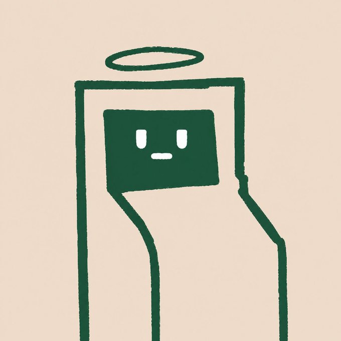 A simple, hand-drawn illustration in dark green on a beige background depicting a figure with a rectangular head, small facial features, and a halo above its head.