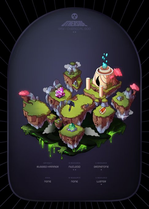A digital artwork displaying floating islands with various resources, titled 'MINERAL SKY - CHEMICAL GOD', with text listing 'RUGGED HAMMER', 'NUCLEON', 'GRIMSTONE', and 'WATER'.