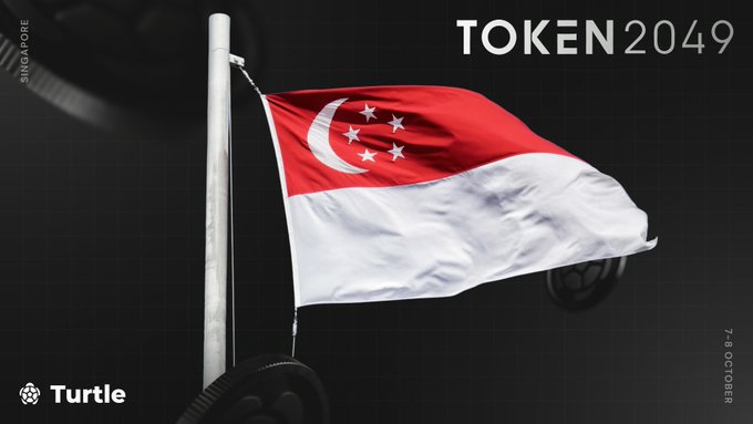 A promotional graphic for TOKEN 2049 Singapore features the Singapore flag waving against a dark, grid-patterned background with the "Turtle" logo and the event dates "7-8 OCTOBER" displayed, signaling the Turtle team's presence at the crypto conference from October 5–11.