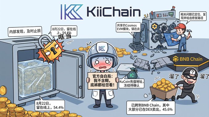 This cartoon-style illustration from KiiChain depicts an unusual security incident where the team publicly disclosed their own mistake: on August 22, they noticed a "不是漏洞" (not a vulnerability) breach affecting 54.4% of online funds, but the attackers had already bridged stolen assets to BNB Chain with 45.6% sold on DEX, while the team explains they won't hide the issue, noting KuCoin's address is unconfirmed and other Cosmos EVMs may be affected.

The image humorously visualizes the accompanying post's surprise that, contrary to typical "rug pull" expectations, KiiChain's official response was refreshingly transparent—featuring a flustered team member holding a sign reading "官方自白局：我不含糊，屁裤都给您看!" (Official confession: I won't sugarcoat it, I'll show you everything!), rather than going silent or fleeing with the funds.