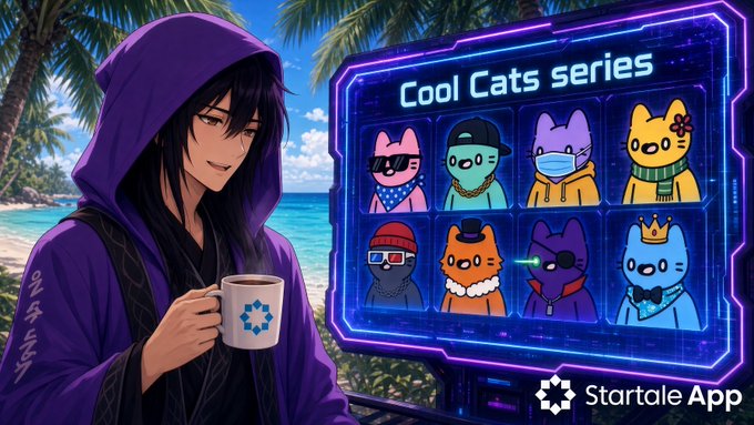 An anime-style character in a purple hooded robe holds a mug next to a digital display titled 'Cool Cats series' featuring various cartoon cat characters, branded with 'Startale App'.
