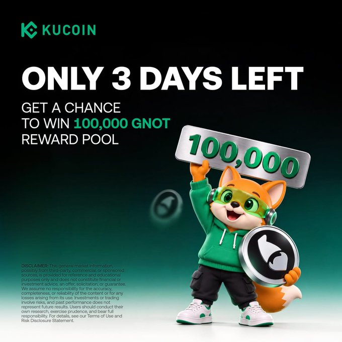 A KuCoin promotional graphic featuring the brand's fox mascot holding a "100,000" sign and a coin displays the urgent message "ONLY 3 DAYS LEFT - GET A CHANCE TO WIN 100,000 GNOT REWARD POOL," directly advertising the limited-time Lucky Draw campaign mentioned in the post where users can register and trade to enter for the $GNOT prize pool.