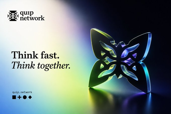 A promotional graphic for "quip network" with the tagline "Think fast. Think together." displayed next to a 3D metallic butterfly-shaped logo on a colorful gradient background, with the website quip.network at the bottom left.