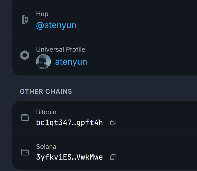 A digital profile interface showing the handle '@atenyun' with a 'Universal Profile' linked to 'atenyun', along with Bitcoin and Solana wallet addresses.