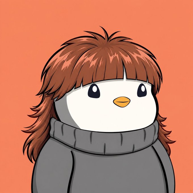 A cartoon penguin character with shaggy brown hair and a grey sweater is depicted against a solid orange background.