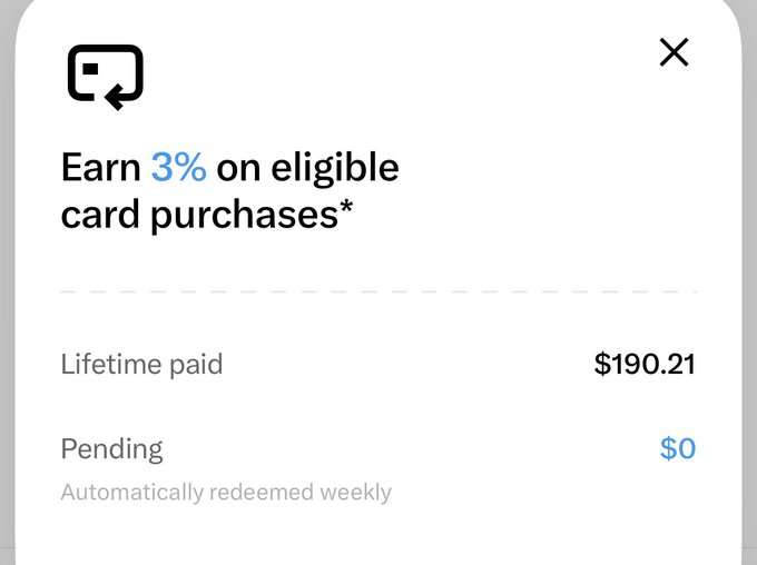 A screenshot shows an XMoney card popup displaying a "Lifetime paid" total of $190.21 in earnings at a 3% reward rate on eligible card purchases, with $0 currently pending. This supports the post's claim of having made $190 through spending on the XMoney card.