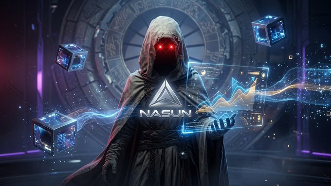 A hooded figure with glowing red eyes manipulates floating data cubes and holographic charts in a futuristic setting, with the "NASUN" logo prominently displayed in the center. The image visually reinforces the post by symbolizing an AI agent autonomously catching market shifts and executing trades, aligning with the idea of hands-off, automated crypto trading on the testnet.