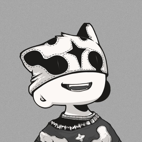 A black and white cartoon illustration of a character wearing a star-patterned bandana/hat, smiling with eyes closed.