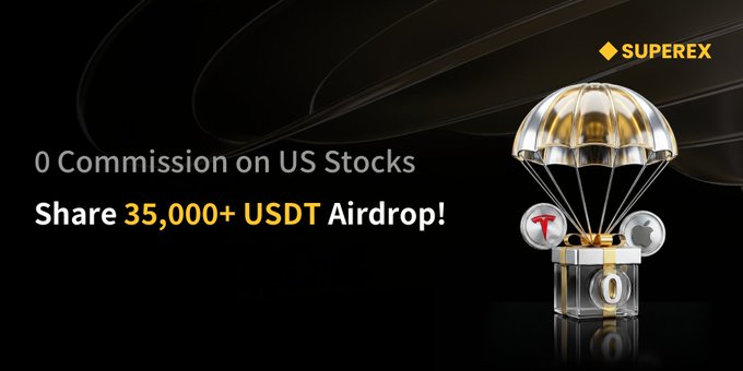 The image shows an advertisement for airrop trading. The background of the photo has various gold shapes, adding a luxurious feel to the scene. In the foreground, there's a large gold parachute with a silver coin inside, suggesting that users can exchange their shares in US stocks for a share in the rewards from airrop trading. A banner below the parachute is promoting an opportunity to trade US stock futures and earn up to 35,000+ USDT in rewards or a 10,000+USDTCurrency pool each day by participating in a specific trading scheme. The post emphasizes that users can trade at least one share per week and shares may be split among multiple parties for the purpose of this scheme.