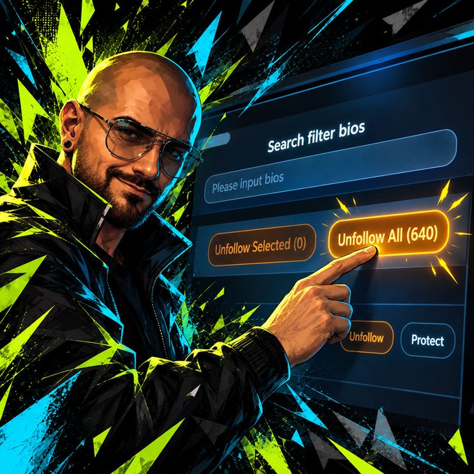 A stylized digital illustration of a bald, bearded man with glasses pointing at a 'Unfollow All (640)' button on a Twitter/X interface for filtering bios, with 'Unfollow Selected (0)' and 'Protect' buttons visible.
