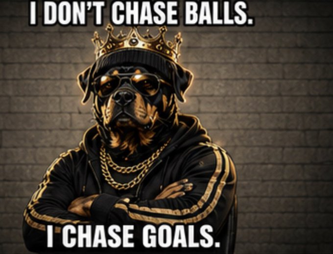 A meme image shows a Rottweiler dog wearing a gold crown, sunglasses, and gold chains with crossed arms against a brick wall, captioned 'I DON'T CHASE BALLS. I CHASE GOALS.'