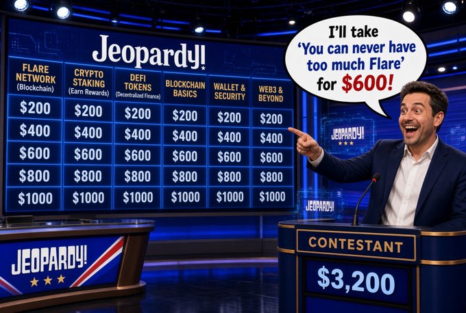 A parody 'Jeopardy!' game show image where a contestant enthusiastically says, 'I'll take You can never have too much Flare for $600!', with categories including 'FLARE NETWORK', 'CRYPTO STAKING', and 'DEFI TOKENS'.