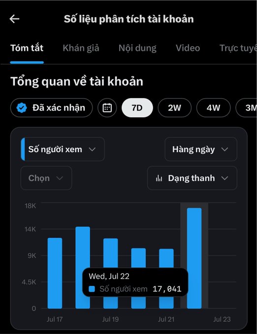 Vietnamese-language account analytics dashboard showing viewer statistics with a bar chart displaying 17,041 viewers on Wed, Jul 22.