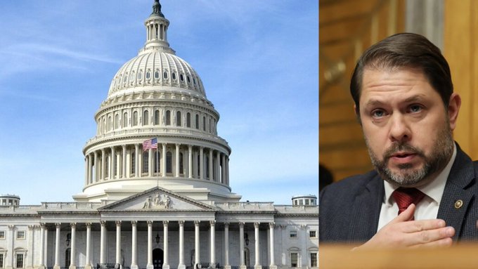 The image shows the U.S. Capitol building alongside a headshot of Senator Ruben Gallego (D-AZ), who is speaking. This relates to the post as Gallego is the lawmaker criticizing the $30 trillion Crypto CLARITY Act proposal, with the Capitol visually representing the legislative setting where his opposition to the bill is taking place.