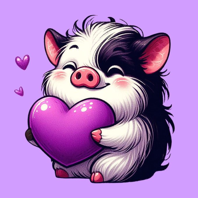 A digital illustration of a cute, fluffy guinea pig or hamster-like creature with black and white fur holding a large glossy purple heart against a light purple background, accompanied by small purple hearts.