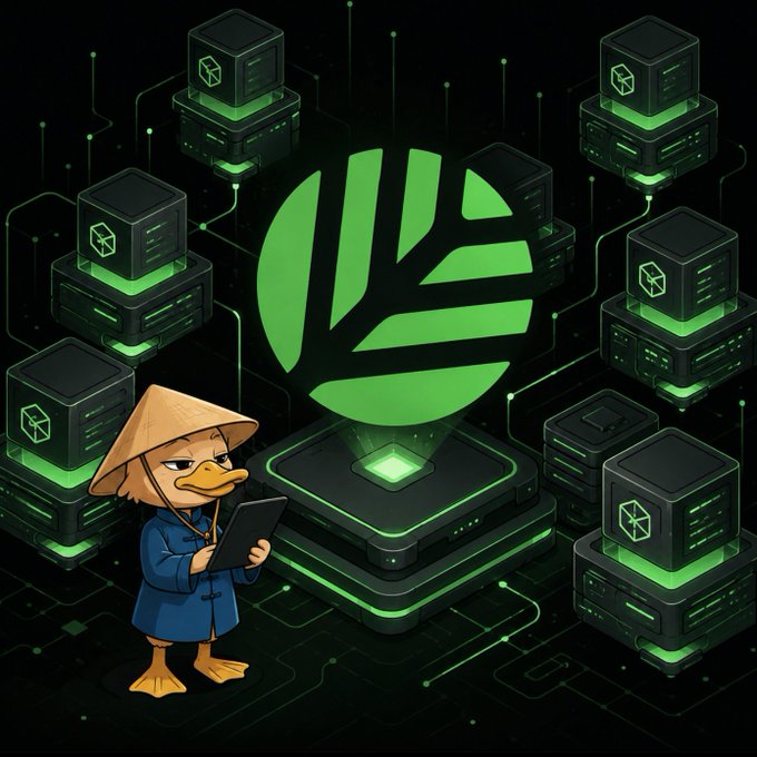 The image depicts a cartoon duck wearing a traditional conical hat and blue robe, holding a tablet while standing before a glowing green leaf-shaped logo surrounded by interconnected server nodes and circuit pathways, symbolizing blockchain infrastructure.

This visual pairs with the post by illustrating the "793,000 virtual chains" statistic from CNPY Network, with the leaf logo and network of nodes representing Canopy's scalable blockchain platform designed to make launching virtual chains easier than building applications themselves.