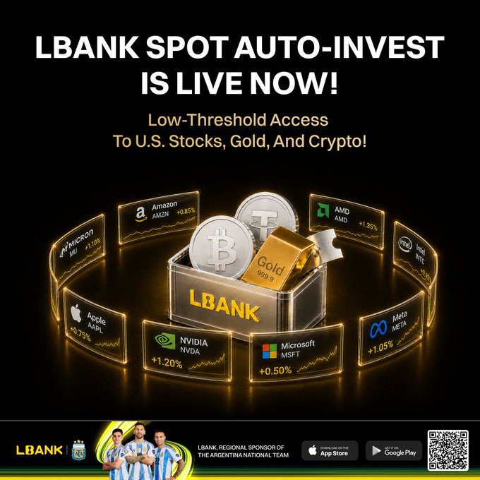 Promotional graphic announcing "LBANK SPOT AUTO-INVEST IS LIVE NOW!" with the tagline "Low-Threshold Access To U.S. Stocks, Gold, And Crypto!" The design features a central "LBANK" chest containing a Bitcoin, Tether coin, and Gold bar, surrounded by curved panels displaying stock tickers and percentage gains including AMZN (+0.85%), AMD (+1.35%), MU (+1.10%), INTC (+1.20%), AAPL (+0.75%), NVDA (+1.20%), MSFT (+0.50%), and META (+1.05%), with the LBank logo and Argentina National Team sponsorship at the bottom alongside app store badges and a QR code.