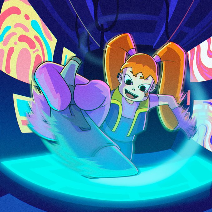 A vibrant digital illustration shows a cartoon girl with orange pigtails, a wide grin, and dynamic forward motion, kicking up blue energy as she rides what appears to be a futuristic hoverboard or rocket-like vehicle glowing with cyan light, set against a dark futuristic background featuring colorful swirling screens on either side—visually capturing the energy, momentum, and forward-driving momentum referenced in the accompanying text about "Volt" moving into its next phase of execution.