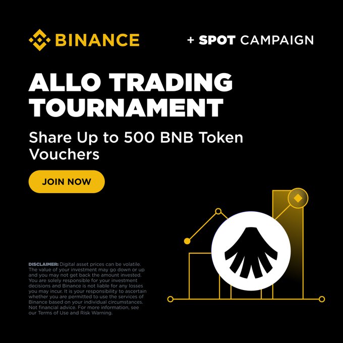 This Binance promotional graphic for the "ALLO Trading Tournament" features the Binance logo and a Spot Campaign banner, highlighting up to 500 BNB Token Vouchers as prizes with a yellow "JOIN NOW" call-to-action button. The design includes a stylized chart graphic and the ALLO token logo, encouraging users to participate in the spot trading competition to win rewards.