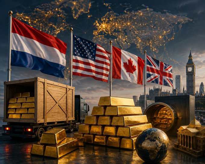A digital illustration showing gold bars stacked on a truck and pyramid beside flags of the Netherlands, USA, Canada, and UK, set against a world map and the London skyline featuring Big Ben.