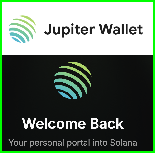 The image shows a Jupiter Wallet splash screen featuring its green and blue striped planet logo alongside the text "Jupiter Wallet" and a "Welcome Back" message on a black background, tagged as "Your personal portal into Solana"—aligning with the post's theme of Jupiter Wallet being the go-to Solana wallet for daily use.