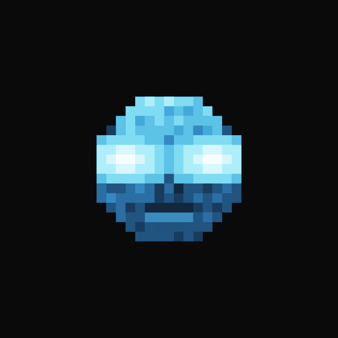 A pixel art sprite of a blue, round head with glowing white eyes on a black background, resembling a mecha or robot character.