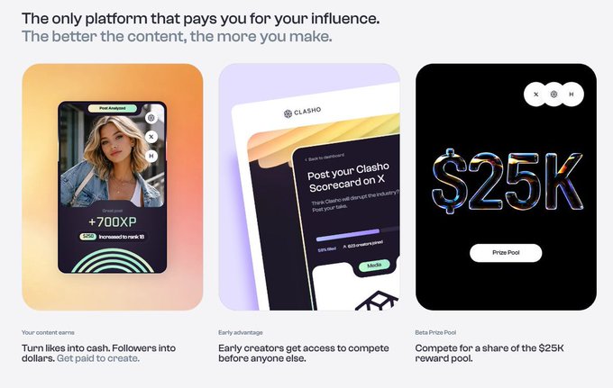 A promotional graphic for a content creator platform with the tagline 'The only platform that pays you for your influence,' featuring sections on earning from content, early access benefits, and a $25K Beta Prize Pool.